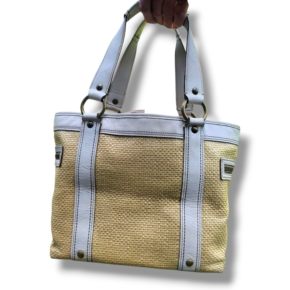 Coach Vintage Straw Tote Bag White Leather 113 Legacy Y2K Summer Shoulder Purse - Picture 4 of 11